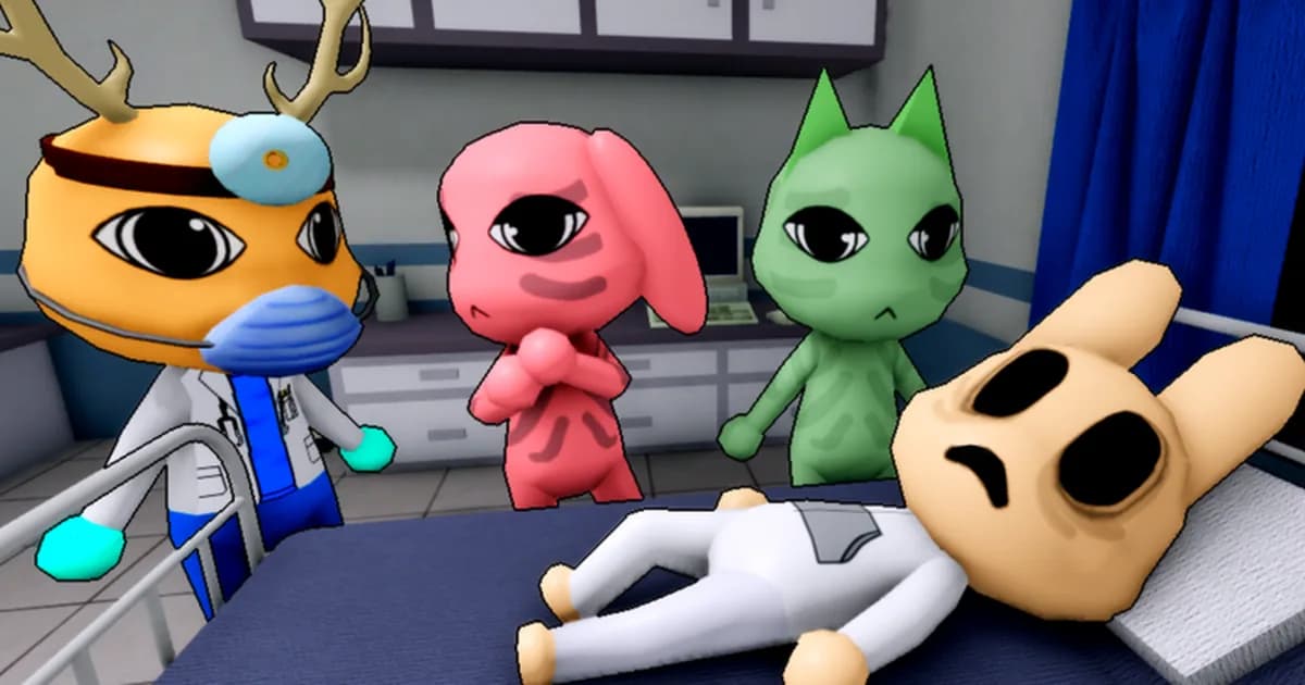 A cartoon deer doctor in a surgical mask stands over a bunny patient on a hospital bed while a pink rabbit and a green cat watch