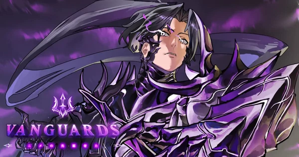 Vanguards 2nd Anniversary art: a dark-haired warrior in spiked purple armor with a long scarf under a stormy purple sky, beside the Vanguards logo