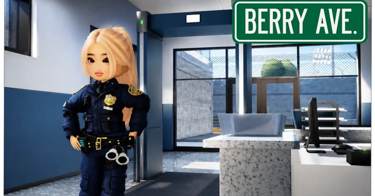 A blonde avatar in a navy police uniform with handcuffs stands in a police station hallway by a green BERRY AVE. sign