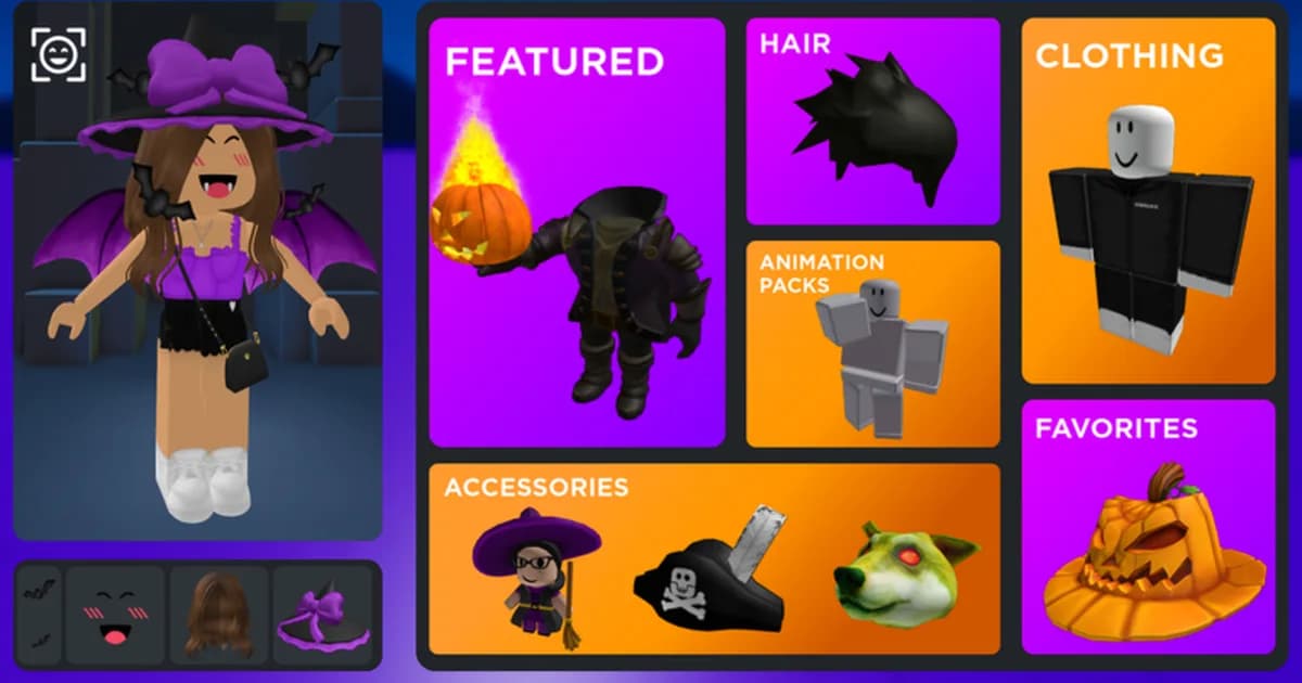 A Roblox avatar in a purple witch hat and bat wings stands beside menu tiles for featured items, hair, clothing and accessories