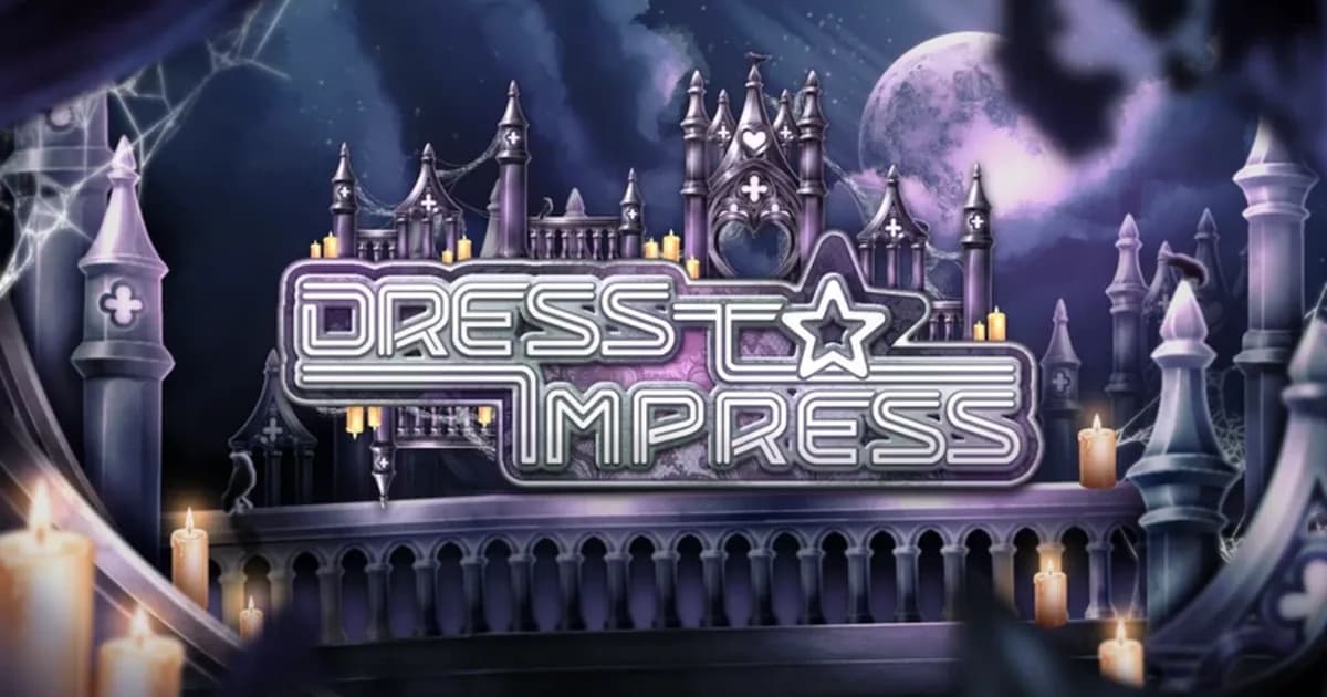 Dress To Impress Halloween event art: the game's logo in front of a purple gothic castle, a full moon and lit candles