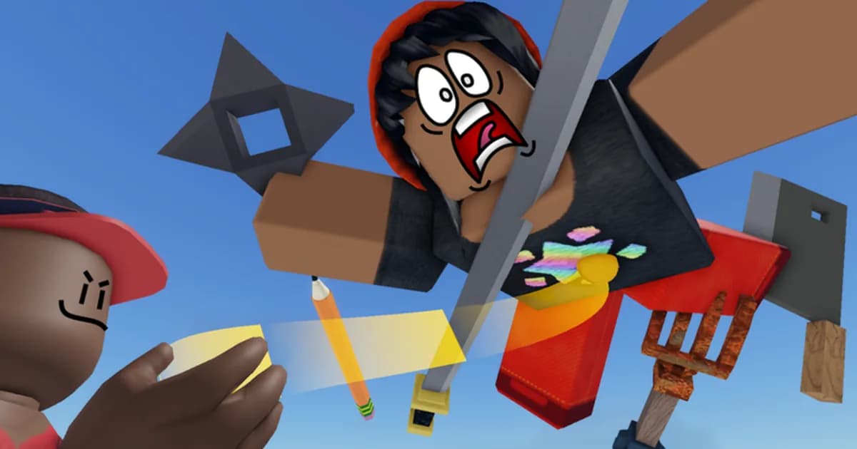 A cartoon Roblox avatar with a shocked face flying through the air past a red cap, a ninja star, a fork and a hammer