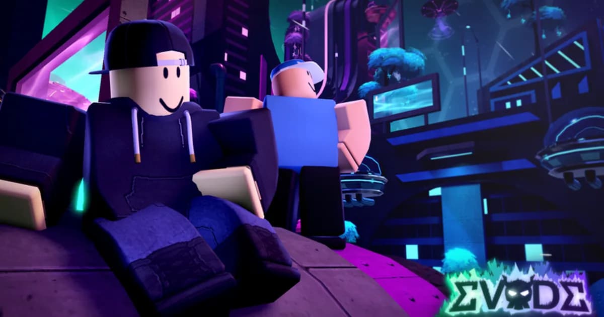 Two Roblox avatars in caps sit on a purple platform in front of a neon purple and teal city at night, with the Evade logo in the corner