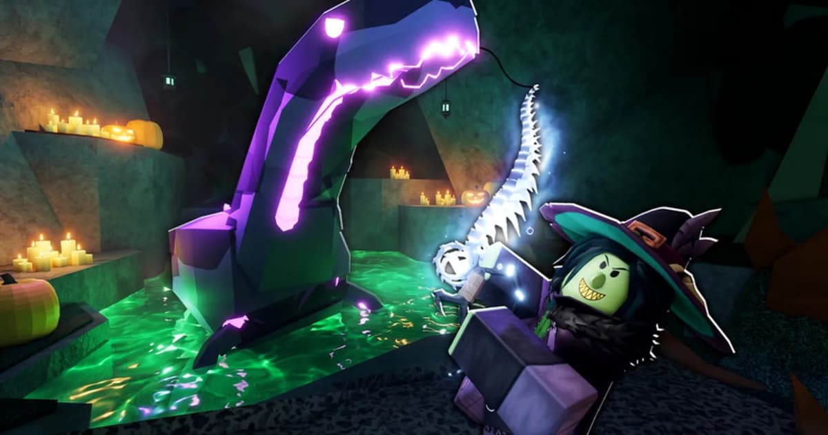 A Roblox angler in a witch hat reels in a glowing purple sea serpent and a bone fish in a candlelit cave with pumpkins