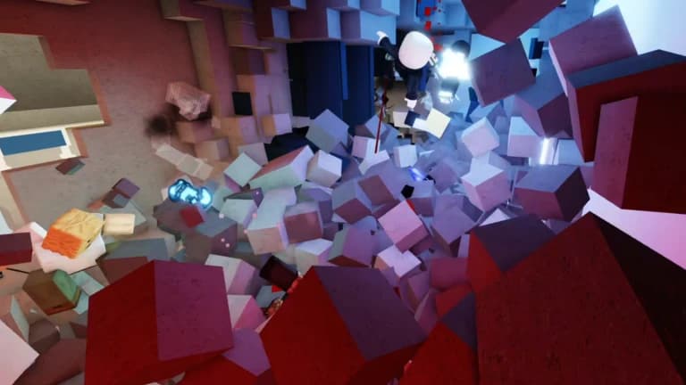 A Jujutsu Shenanigans fighter smashing through a wall as hundreds of pink, red and white blocks fly apart