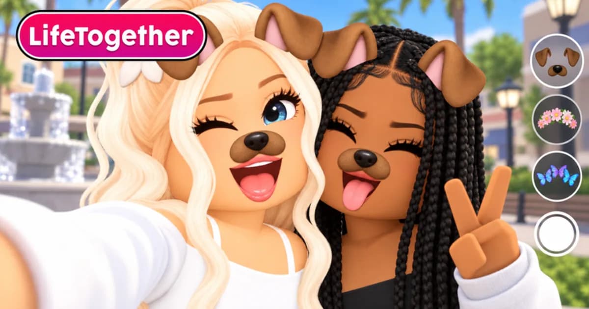 Two smiling Roblox avatars with dog-ear photo filters taking a selfie next to the pink LifeTogether logo