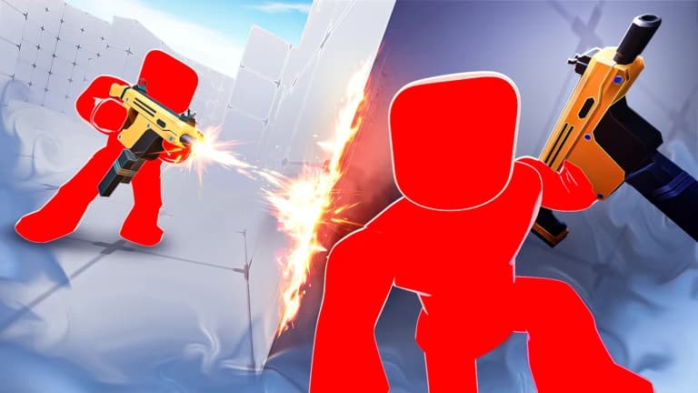 Two red blocky RIVALS players firing gold submachine guns at each other across a white arena wall