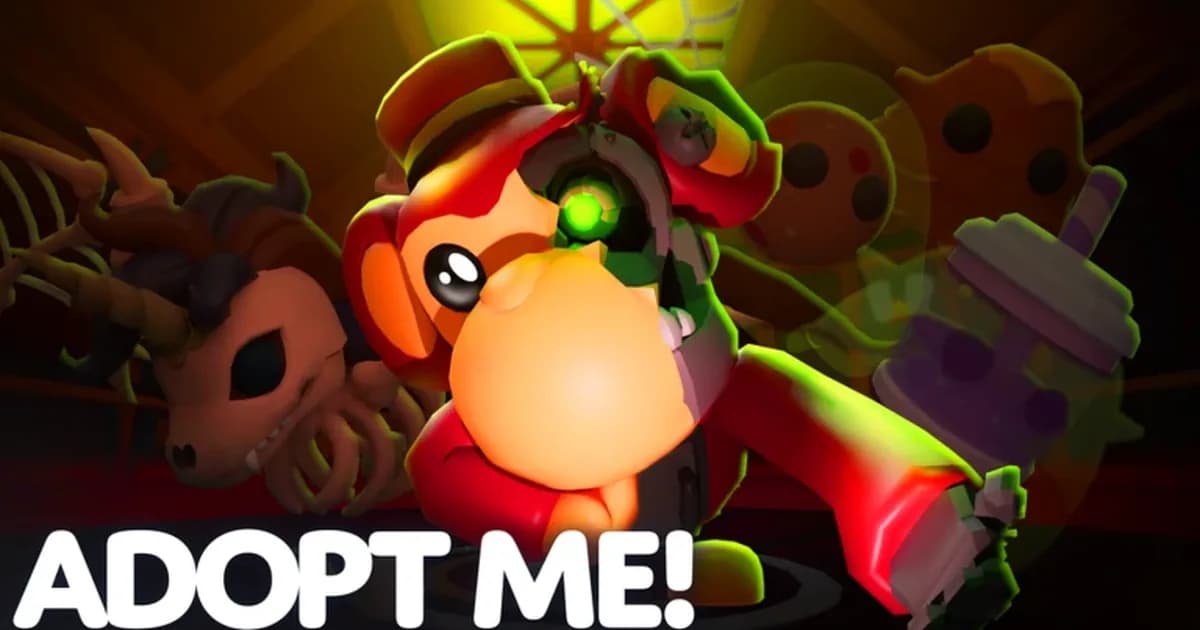 Adopt Me! art of a cartoon pet in a dim glowing room with the white ADOPT ME! logo along the bottom