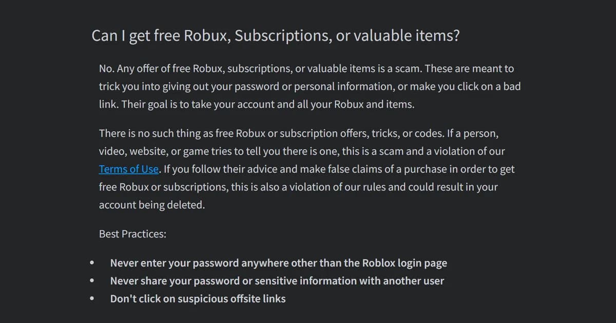 Roblox Support page answering whether you can get free Robux: No, any such offer is a scam, with tips on passwords and links