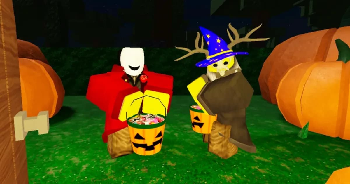 99 Nights in the Forest Trick or Treat art: two avatars, one in a white mask and one in a starry wizard hat with antlers, hold pumpkin candy buckets between giant pumpkins