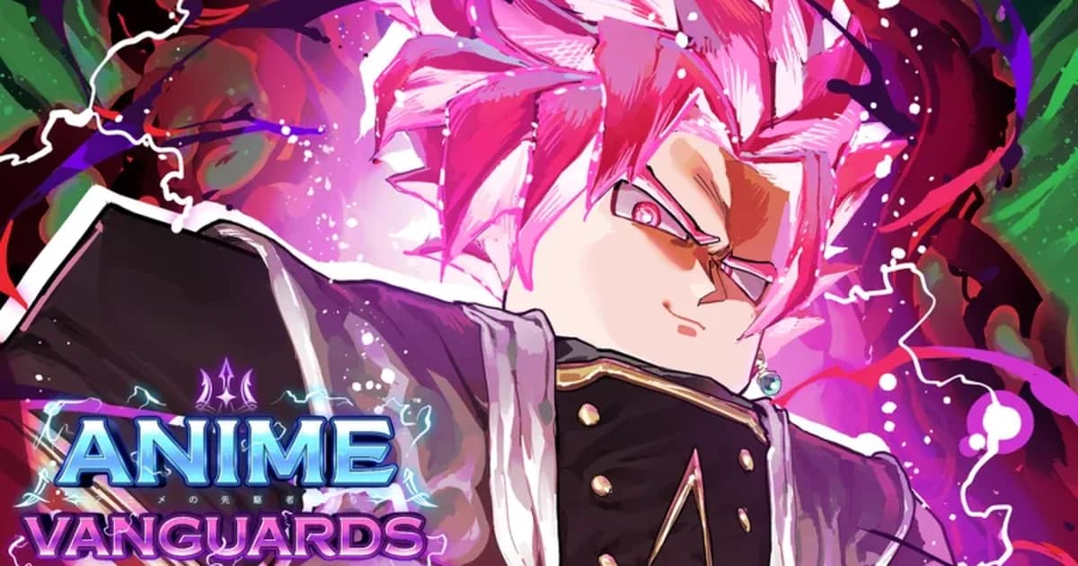A pink-haired fighter with glowing red eyes and a dark coat, crackling with purple lightning beside the Anime Vanguards logo