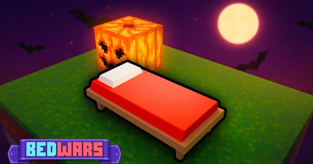 BedWars Halloween art: a red bed on a grass island at night under a full moon, with a glowing jack-o'-lantern block and bats