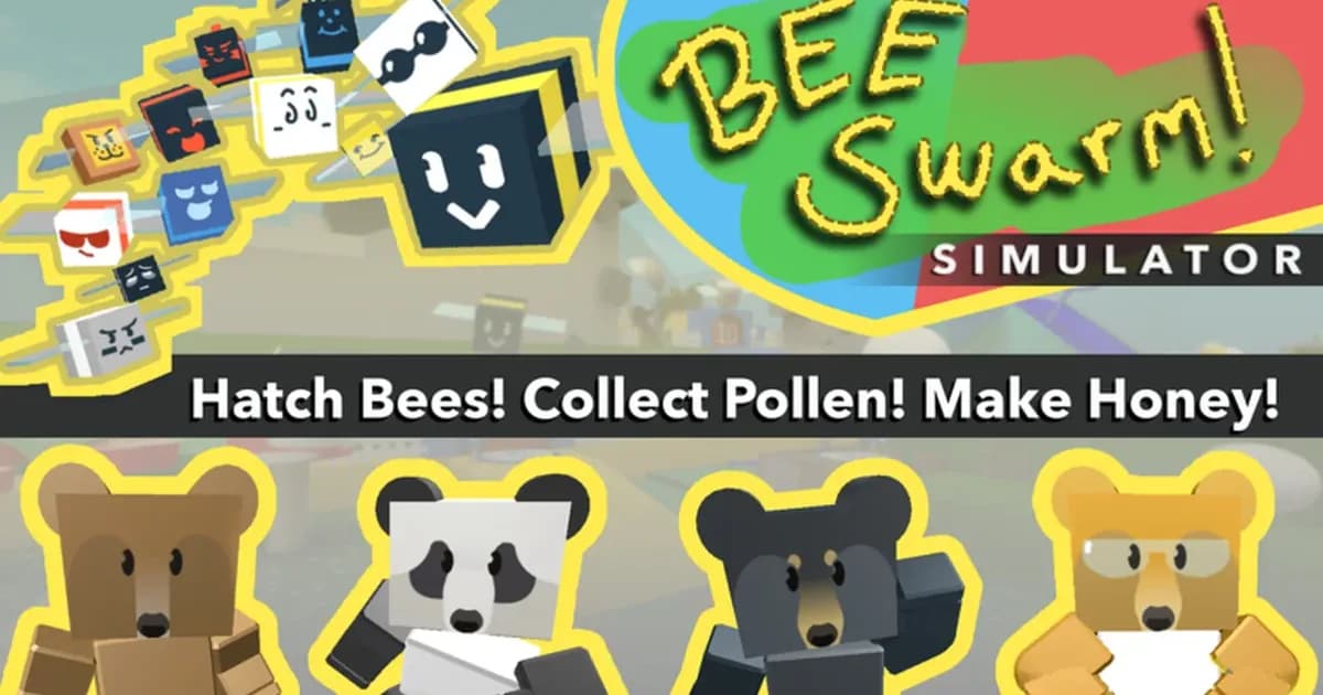 Bee Swarm Simulator thumbnail: four bears under the game logo and the line Hatch Bees! Collect Pollen! Make Honey!, with cube-shaped bees flying beside it