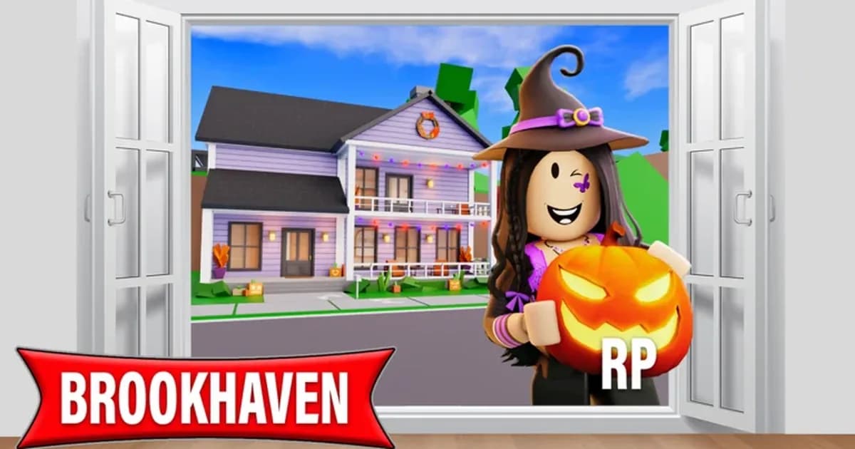A Roblox avatar in a purple witch hat holds a glowing jack-o'-lantern in front of a purple house, framed by open white doors