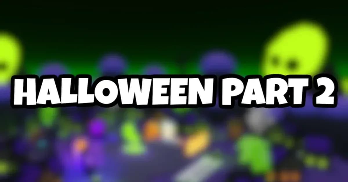 Bubble Gum Simulator INFINITY event card with the words Halloween Part 2 over a blurred green and purple scene with glowing ghosts