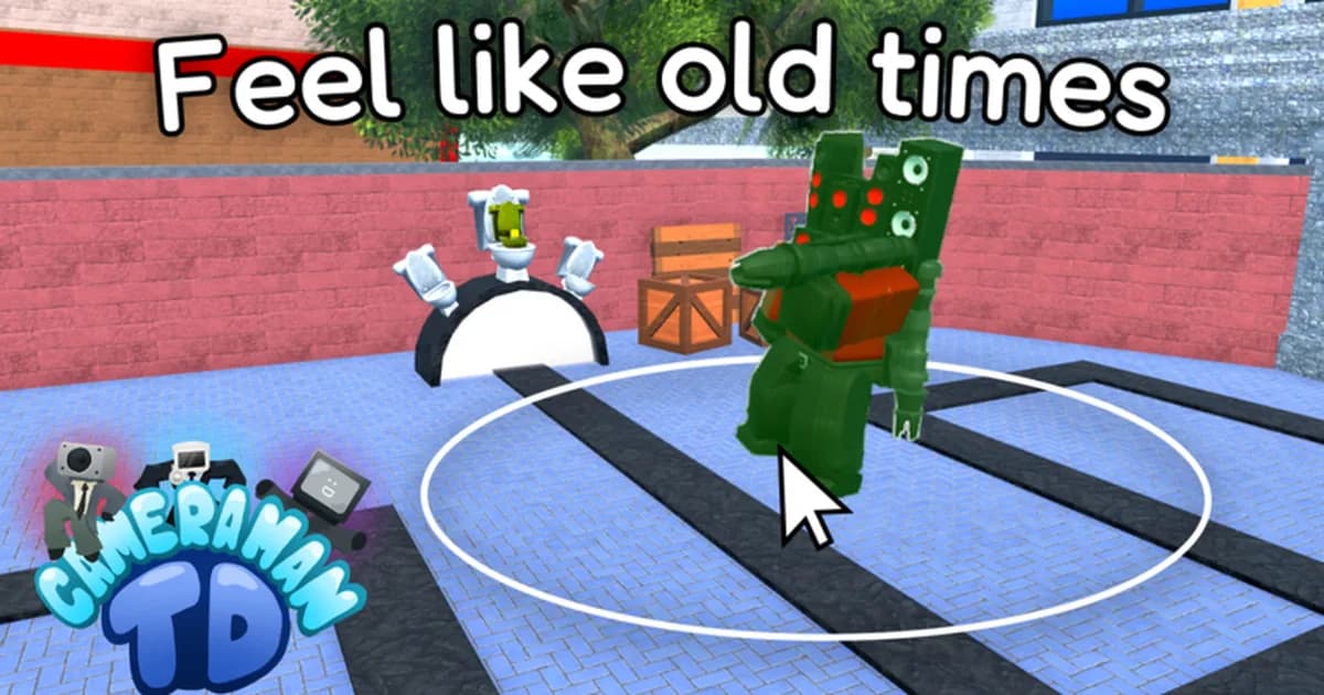 A Roblox player drags a green unit into a white placement circle on a gray street, next to a toilet and crates, under the words Feel like old times