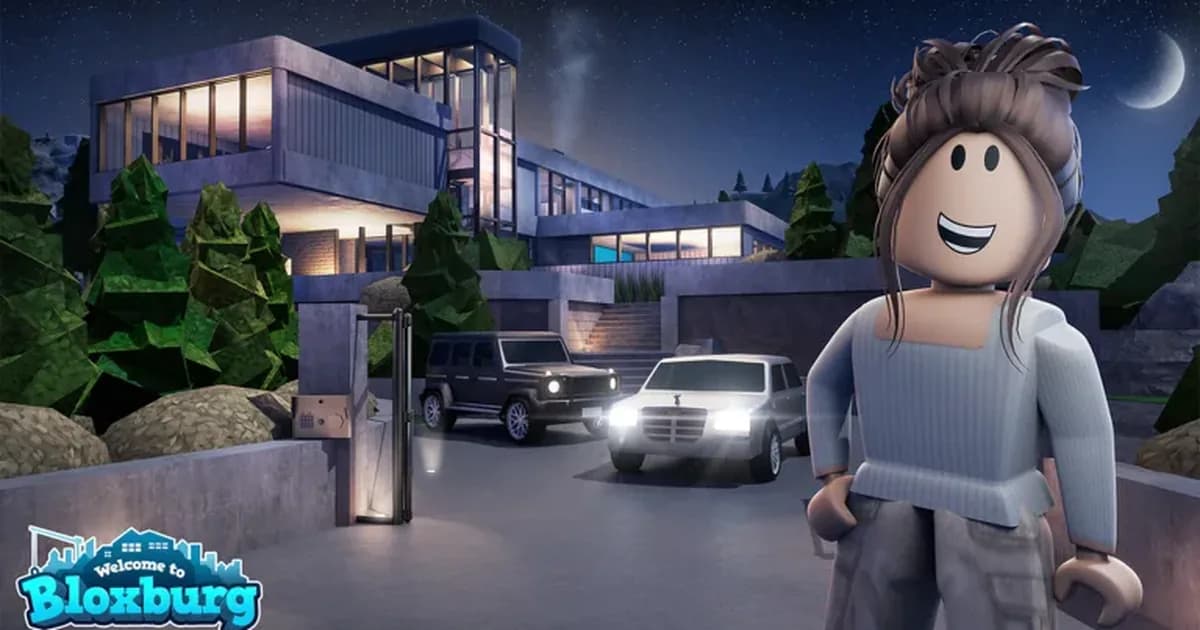 A smiling avatar with a hair bun stands at night in front of a modern glass house with two SUVs in the driveway