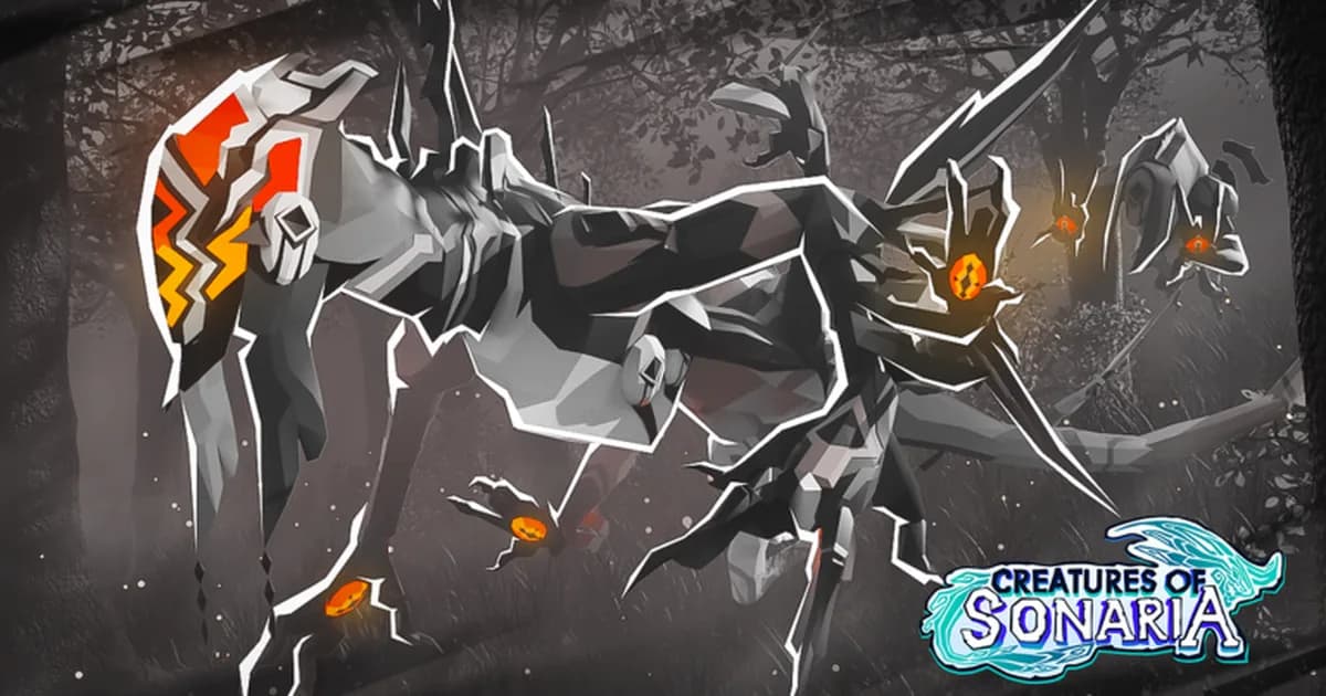 A gray, spiky Halloween creature with glowing orange eye markings prowls through a dark forest beside the Creatures of Sonaria logo