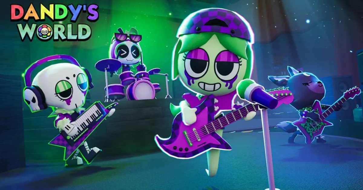 Four Dandy's World Toons playing keytar, drums and guitars on a dark stage under green and purple lights