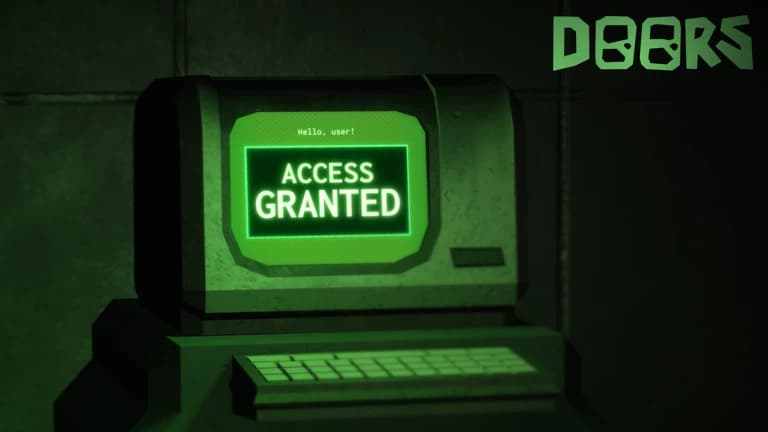 Old green-lit computer terminal showing Hello, user! and ACCESS GRANTED, with the DOORS logo in the corner
