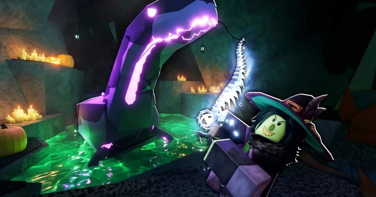 A Roblox fisher in a green witch hat reels in a glowing purple serpent in a cave lit by candles and green water