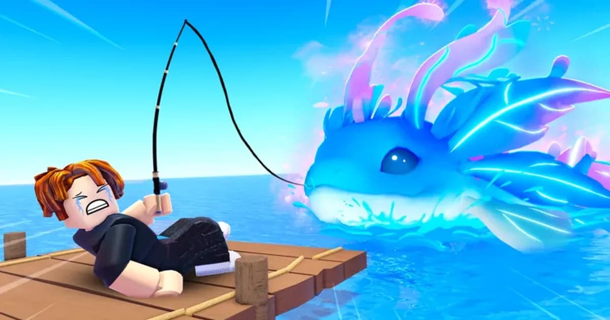 A crying blocky avatar lies on a wooden raft, its fishing line hooked on a huge glowing blue sea creature with pink fins
