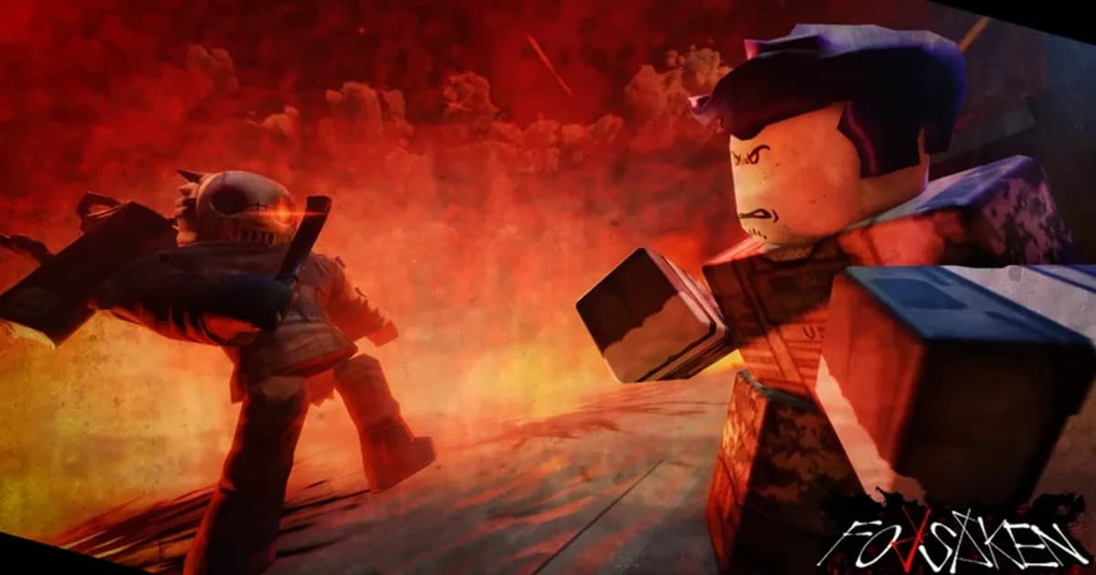 Forsaken art in red smoke: a masked survivor with a glowing eye faces a blocky fighter in camouflage throwing a punch
