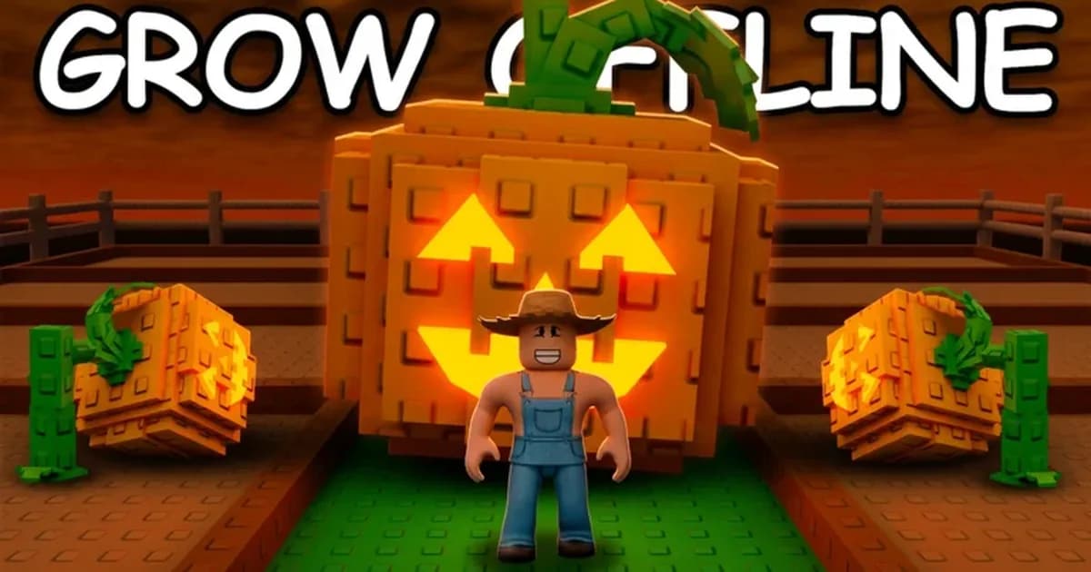 A Roblox farmer in overalls stands in front of a giant carved jack-o'-lantern pumpkin in a garden under the words Grow Offline