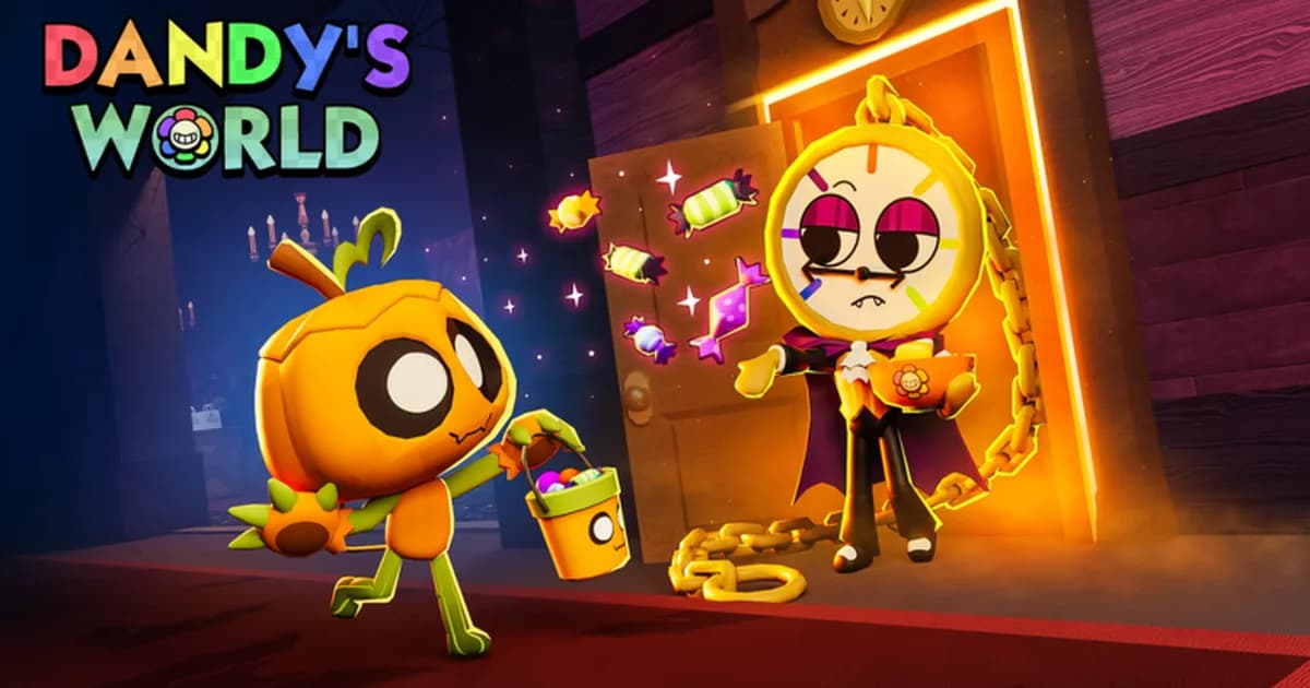 A pumpkin Toon with a candy bucket and a clock-faced Toon in a cape stand by a glowing door as wrapped candies fly out, beside the Dandy's World logo
