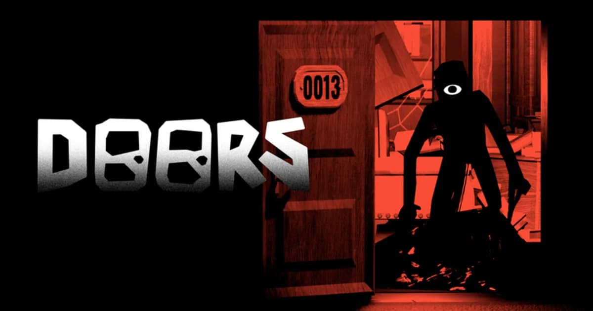 A shadowy one-eyed figure steps through a door numbered 0013 into a room lit deep red, beside the white DOORS logo