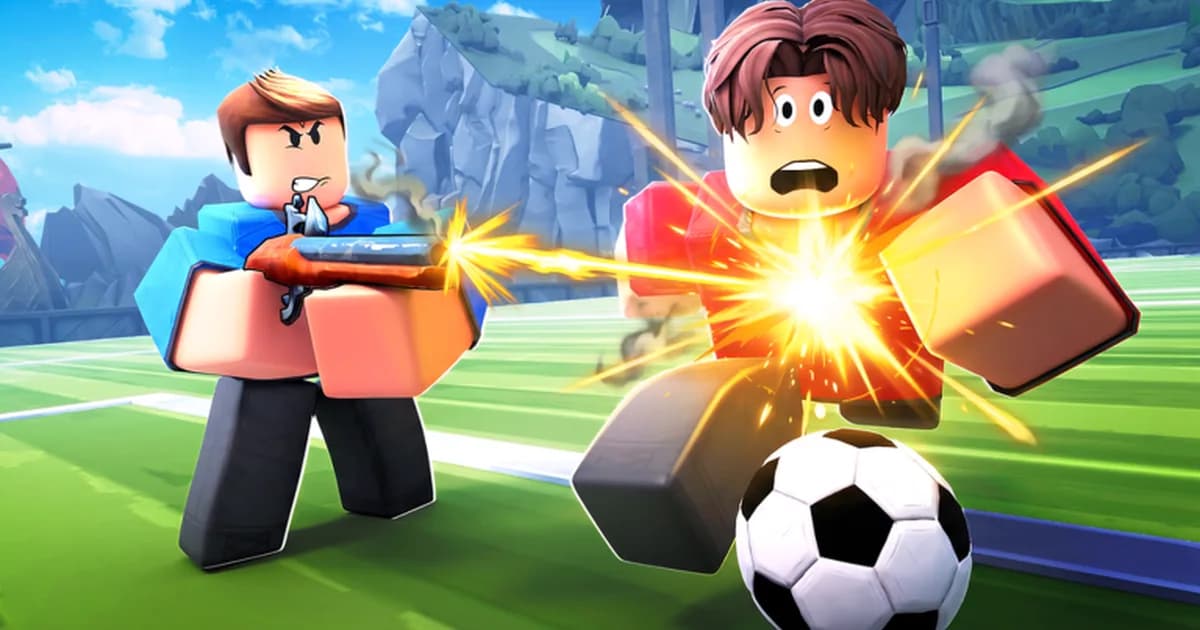 Cartoon Roblox player fires an old flintlock pistol at a startled opponent beside a soccer ball on a green pitch