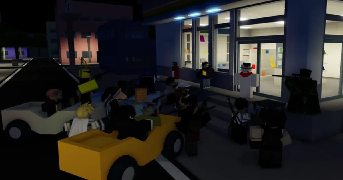 Jujutsu Shenanigans at night: blocky fighters crowd a street with yellow go-karts outside a brightly lit storefront