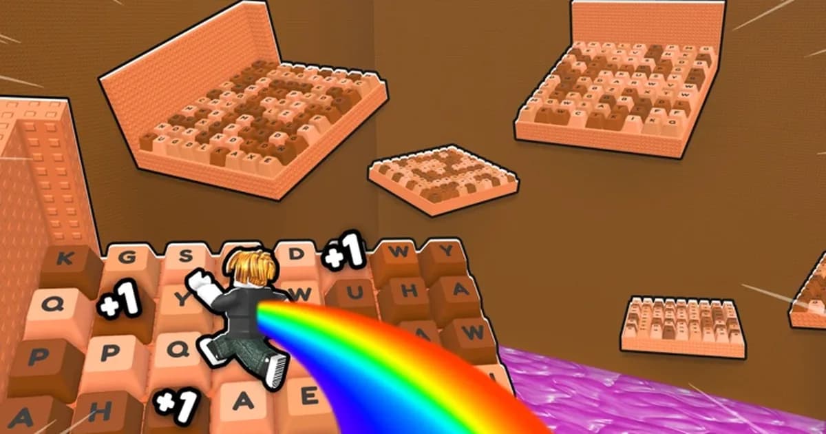 A blocky avatar sprints across giant orange keyboard keys with a rainbow trail and floating +1 labels