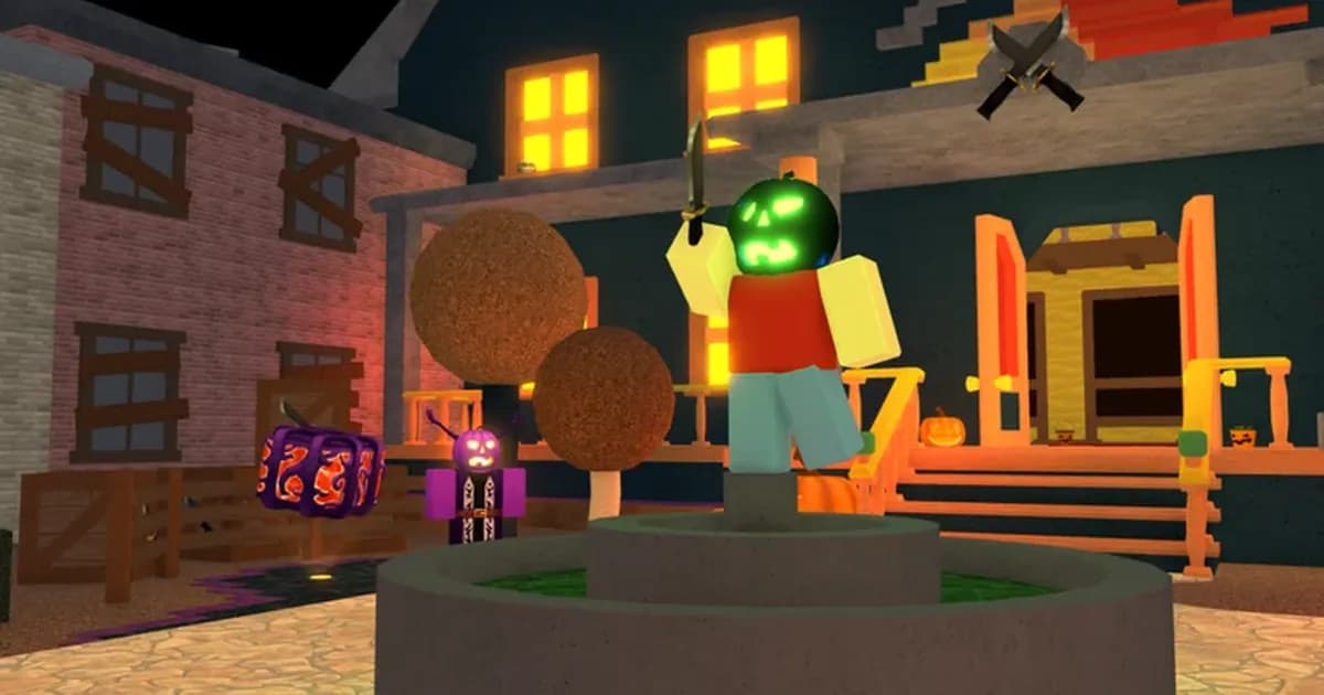 A Roblox statue with a glowing green jack-o'-lantern head holds up a knife in front of a haunted house at night in Murder Mystery 2