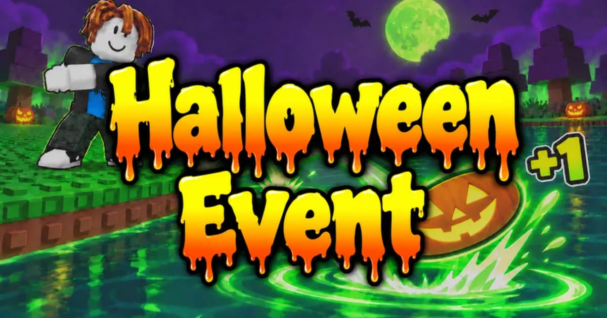 Cartoon Halloween Event title in dripping orange letters over a green lake with a jack-o'-lantern and a Roblox avatar