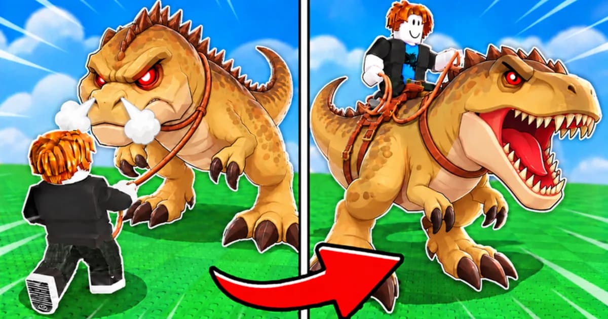Split image: a Roblox avatar throws a lasso at an angry tan T-Rex, then rides the same tamed T-Rex past a red arrow