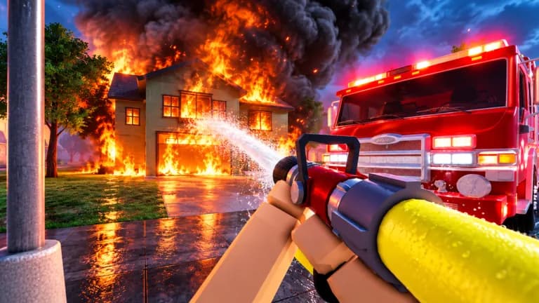 First-person view of a fire hose spraying a burning house next to a red fire engine