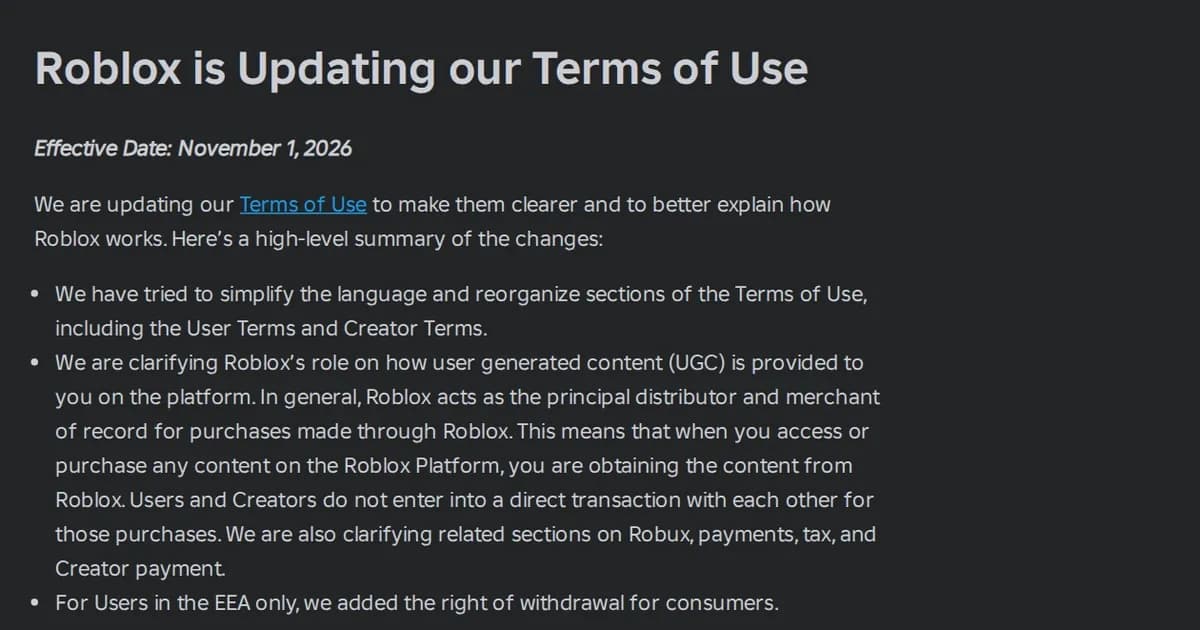 Roblox Support page titled Roblox is Updating our Terms of Use, effective November 1, 2026, with three summary bullets