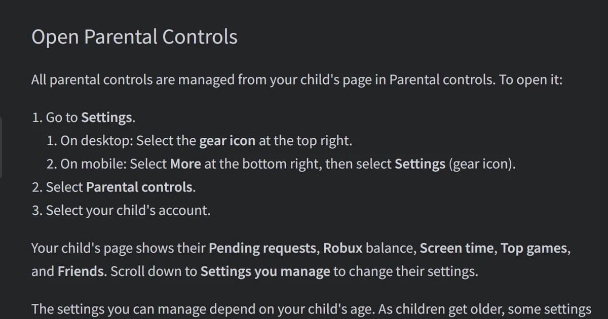 Roblox Support page section Open Parental Controls, listing the Settings, Parental controls and child account steps
