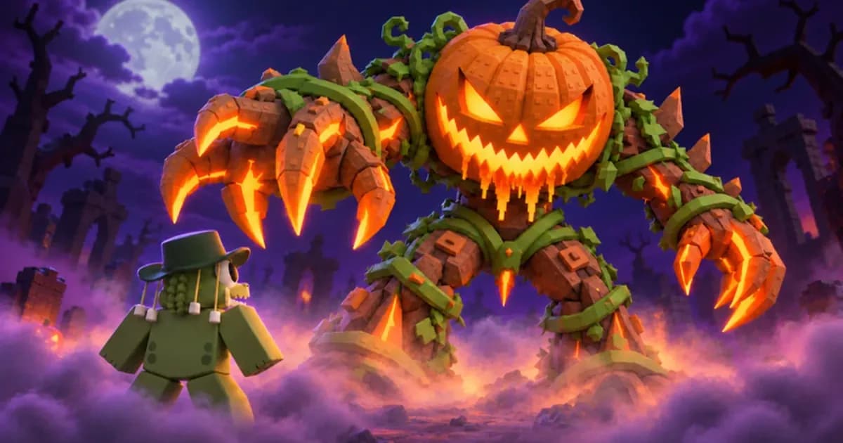 Steal An Egg Halloween Dimension art: a giant jack-o'-lantern monster wrapped in vines raises glowing claws over an avatar in a green hat, under a full moon