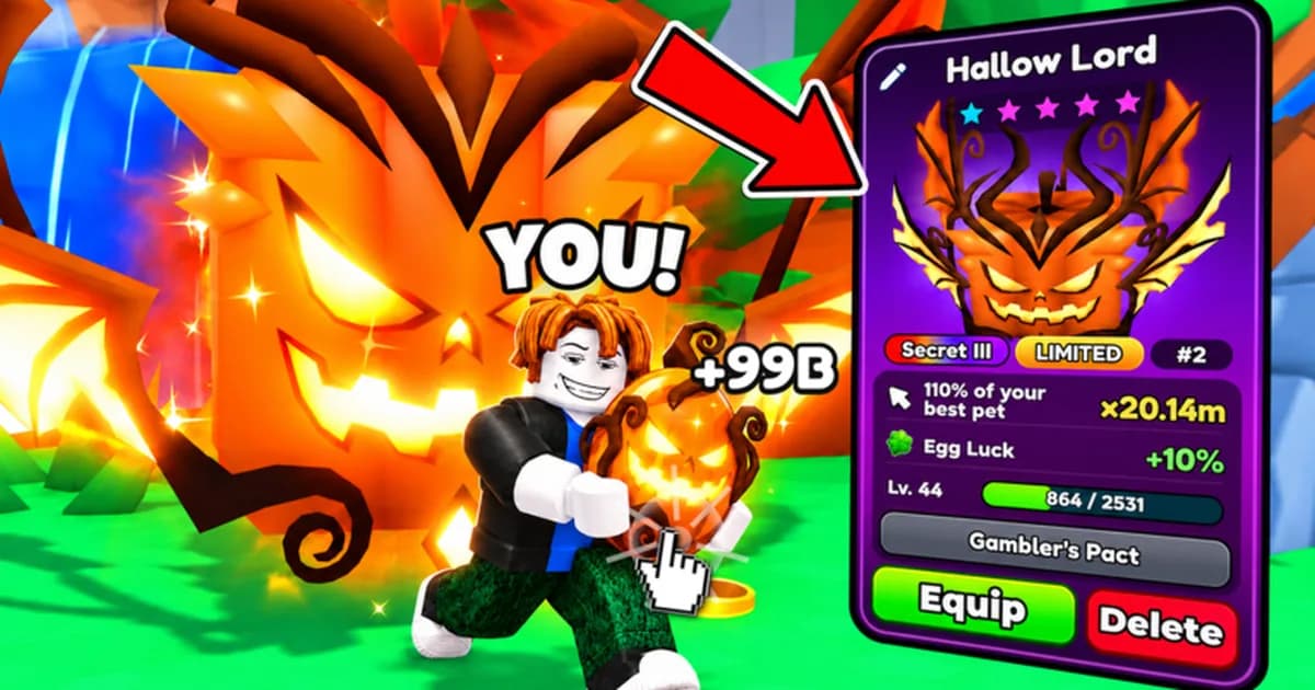 A Roblox avatar holds a glowing jack-o-lantern pet in front of a giant pumpkin monster, beside a Hallow Lord pet card marked Secret III and Limited