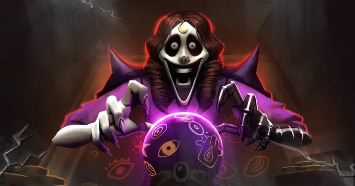 A grinning pale figure with long dark hair and a crescent mark on its forehead grips a glowing purple crystal ball covered in orange eye symbols