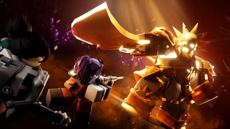 A golden armored figure with a glowing cape and spiked crown attacks while two Roblox soldiers aim in the foreground