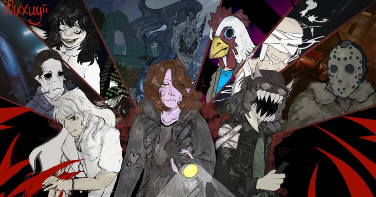 A crowd of horror killers in masks and bandages, a chicken-headed figure and a pale girl with a lantern, drawn in black, white and red
