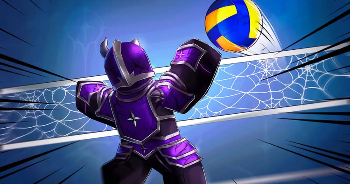 A Roblox player in purple and silver armor with horns reaches for a blue and yellow volleyball above a net covered in spider webs