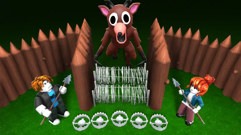 Spiked log walls, a barbed wire gate and a row of bear traps, with the Deer behind the gate and two avatars holding spears