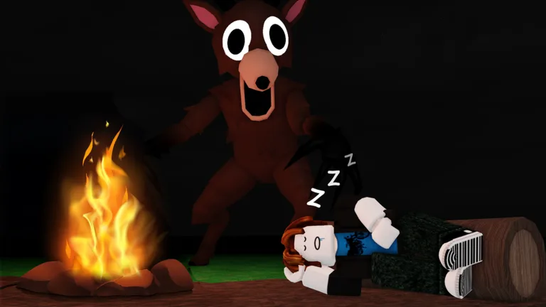 The Deer stands in the dark behind a sleeping avatar on a log next to a campfire