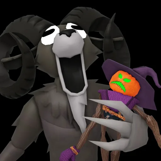 The game's icon: a horned monster with a goat-like face holds a pumpkin-headed scarecrow in a purple witch hat