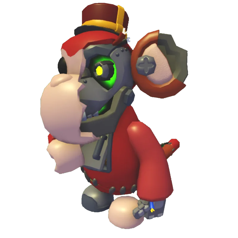 Bolt, a red robotic monkey in a top hat with a mechanical ear and a glowing green eye