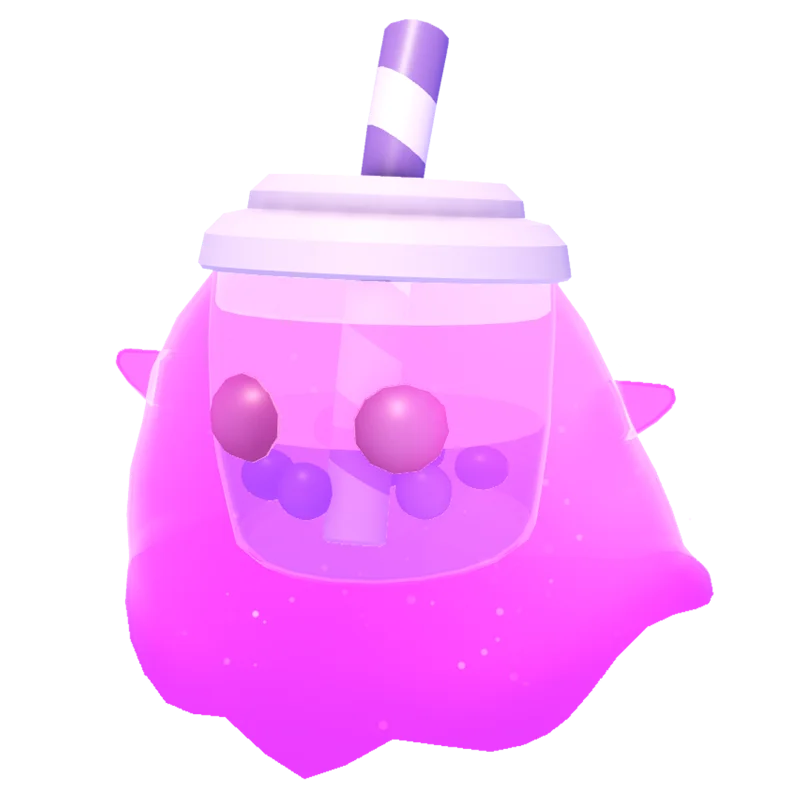 Bubblegeist, a pink ghost inside a bubble tea cup with a striped straw